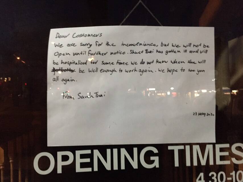 A note on the front of the Golden Mountain Chinese Takeaway in Sturt Street.