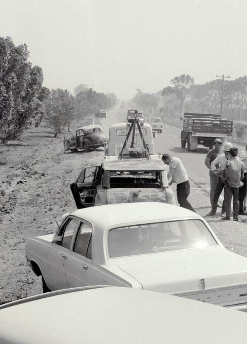 HISTORY: Cars were trapped on the Princes Highway at Lara after thick smoke and fire leaped across the four lanes. Photos: Fairfax Archives