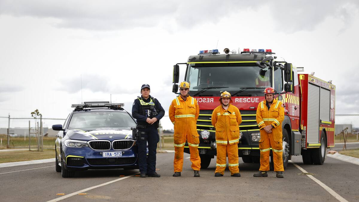 UNITED CALL: Ballarat Highway Patrol's Acting Sergeant Rochelle Muir with Ballarat Fire Brigade's Wayne Pengelly, Liam Ryan and Mark Cartledge. Photo: Luke Hemer