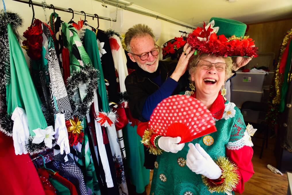 FESTIVE: Mel Drummond and Marian Wielders fitting out costumes for the Christmas in Clunes street parade. Photo: Brendan McCarthy