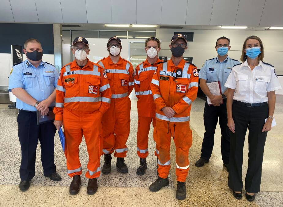 DEPARTING: (L-R) VICSES Chief Officer Tim Wiebusch with Ballarat's Chris Bluett, Wiz Rennie, Trent Oldaker and Ben Lynch pictured alongside VICSES Operations Manager and Task Force Leader Josh Gamble and Acting Deputy Emergency Management Commissioner Sharon Macdonnell. Photo: Supplied