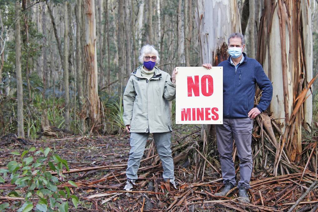 NO MINING: Trentham residents Judy Weatherhead and Trevor Speirs oppose
mining in the Wombat State Forest. Photo: Gayle Osborne