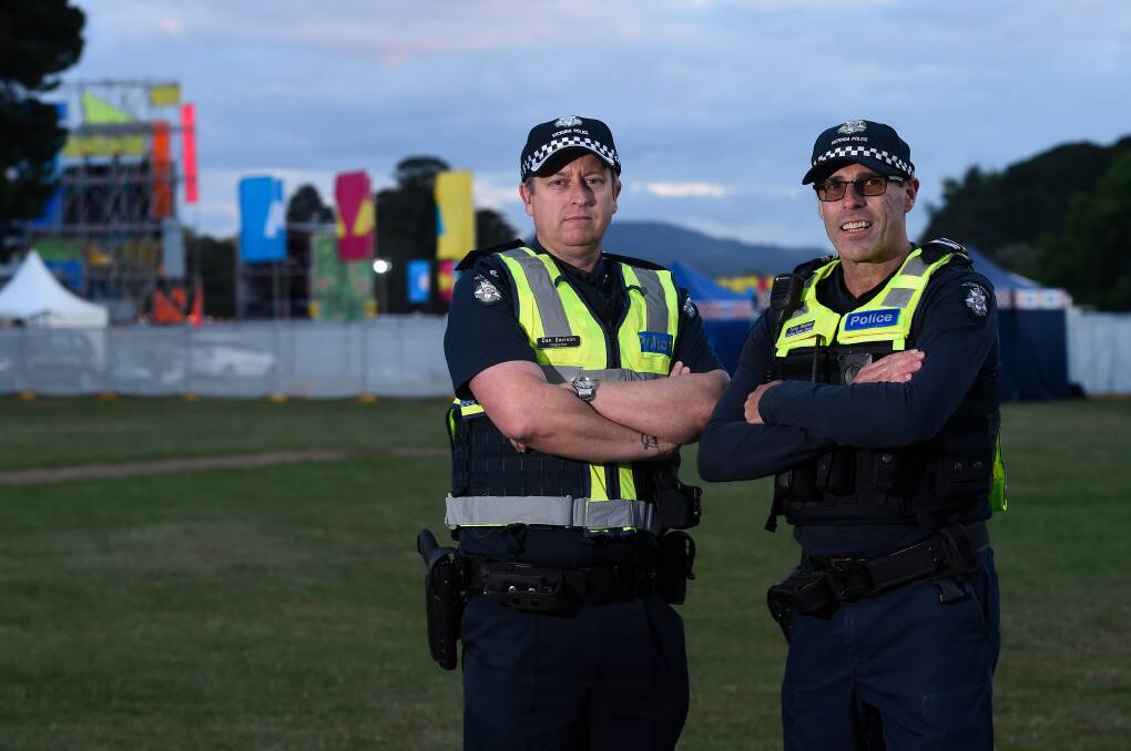 Ballarat Inspector Dan Davison and Leading Senior Constable Tony Walker outside the festival. Photo: Adam Trafford