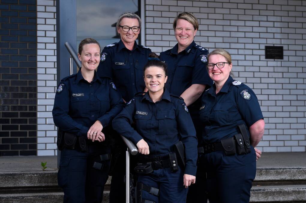 Constable Sheree Roberts, Sergeant Kylie Campbell, Constable Sarah Torpy, Superintendent Jenny Wilson and Senior Sergeant Michelle Kilburn on International Women's Day. 
