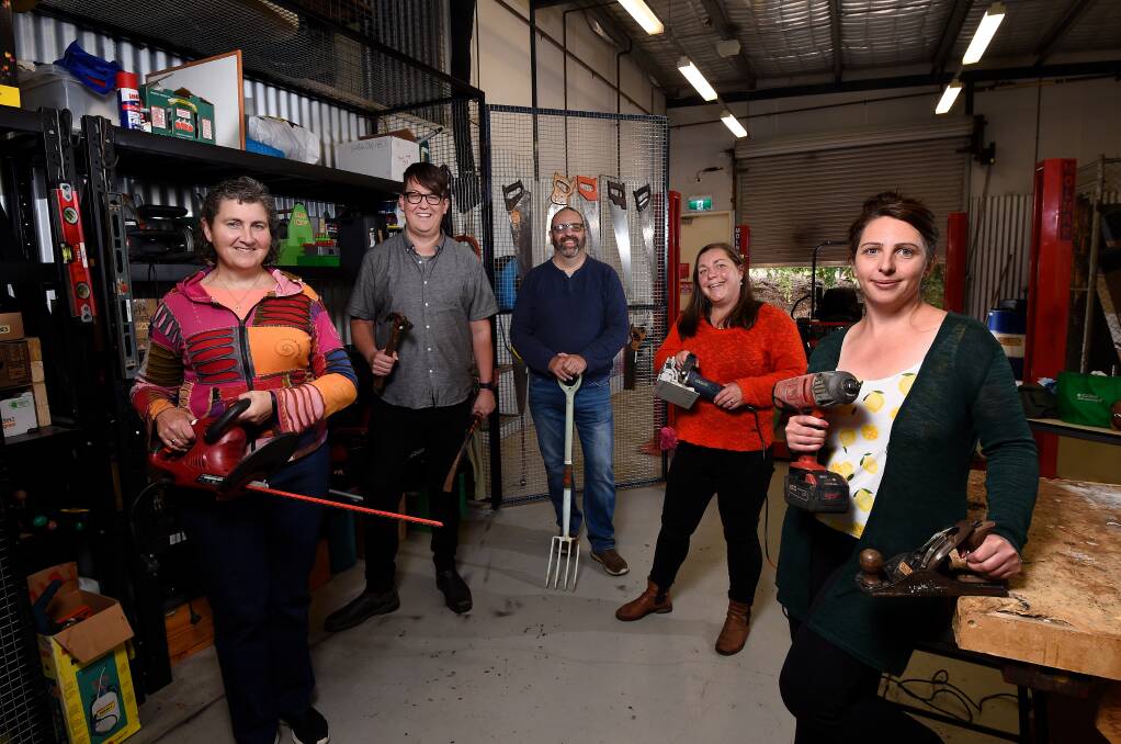 SOON TO LAUNCH: Carolyn Gately, Jay Morrison, Greg Jakob, Nicole Elliott and Angela Molloy are excited to open the Ballarat Tool Library next month. Photo: Adam Trafford
