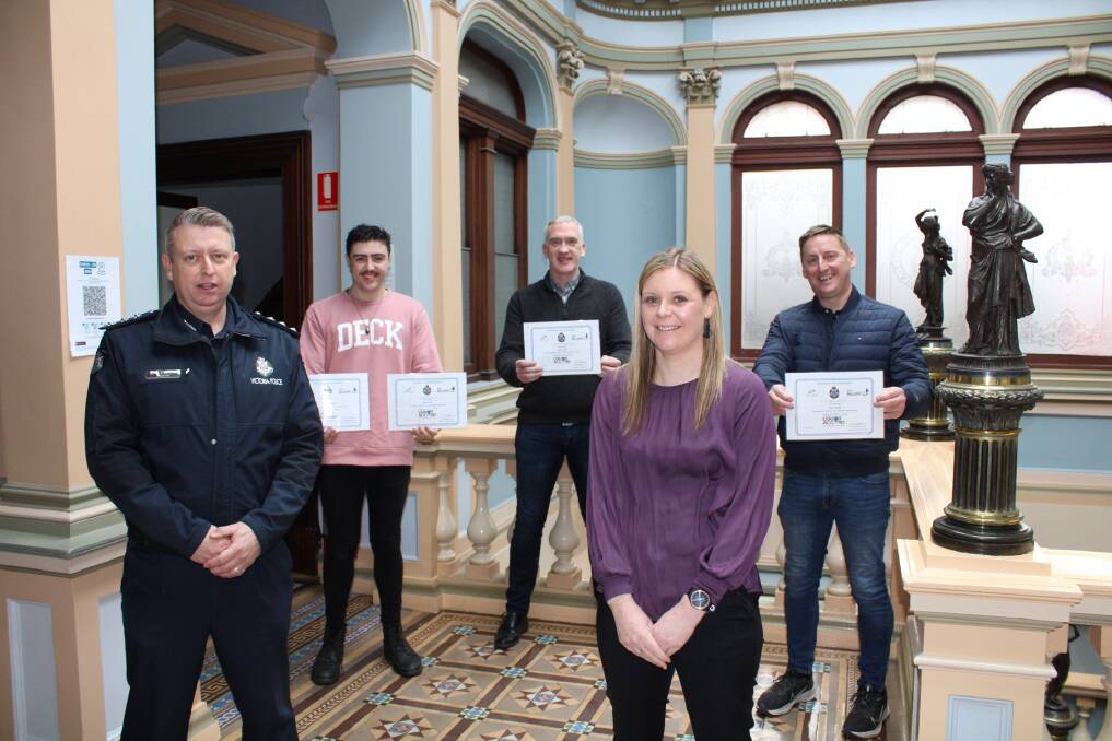 Ballarat police Inspector Dan Davison with Jess Wright, Team leader of Ararat regional office VCGLR (front) with Lachie Pellegrino, manager of The Deck and Uptown, Dan Cronin, Manager and Owner of the Western Hotel and Brian Taylor, Owner of Hop Temple. 