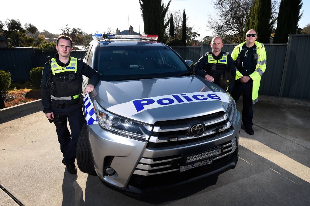 ROAD SAFETY FOCUS: Acting Sergeant Ryan Newman, Acting Sergeant Brett Eden and First Constable Sam Barber of Daylesford Police. Photo: Adam Trafford
