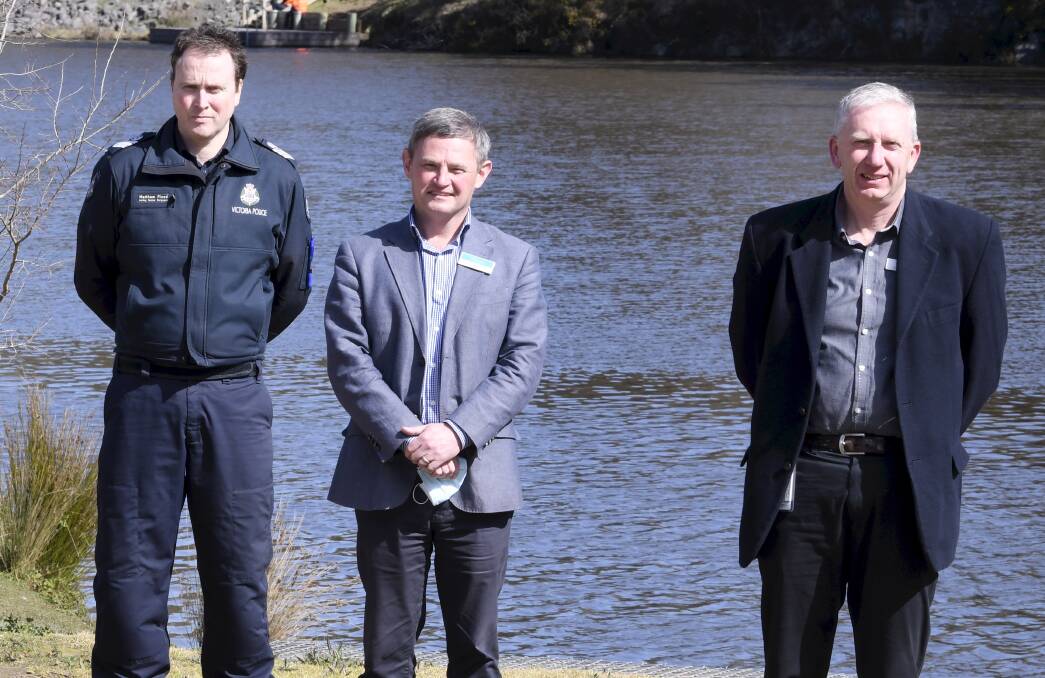 WORKING TOGETHER: Acting Senior Sergeant Matthew Flood, Hepburn Shire Council's Director of Infrastructure Bruce Lucas and Central Highlands Rural Health's Deputy CEO Phil Catterson. Photos: Lachlan Bence