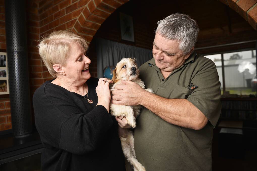 REUNITED: Relieved pawrents Jacqui Macormac and Mark Powell are holding their beloved fur baby Chloe tight after her miraculous escape after falling down a mine shaft near their house in Clunes on Friday morning. Photo: Dylan Burns