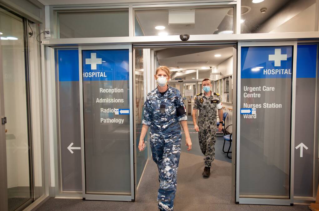 Australian Defence Force personnel deployed to help assist nursing staff at Kyneton Health's COVID-19 screening clinic at Kyneton Hospital. Photos: Sandy Scheltema 