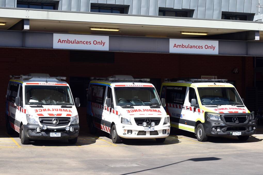 Ambulances lined up at Ballarat Base Hospital. Photo: Kate Healy