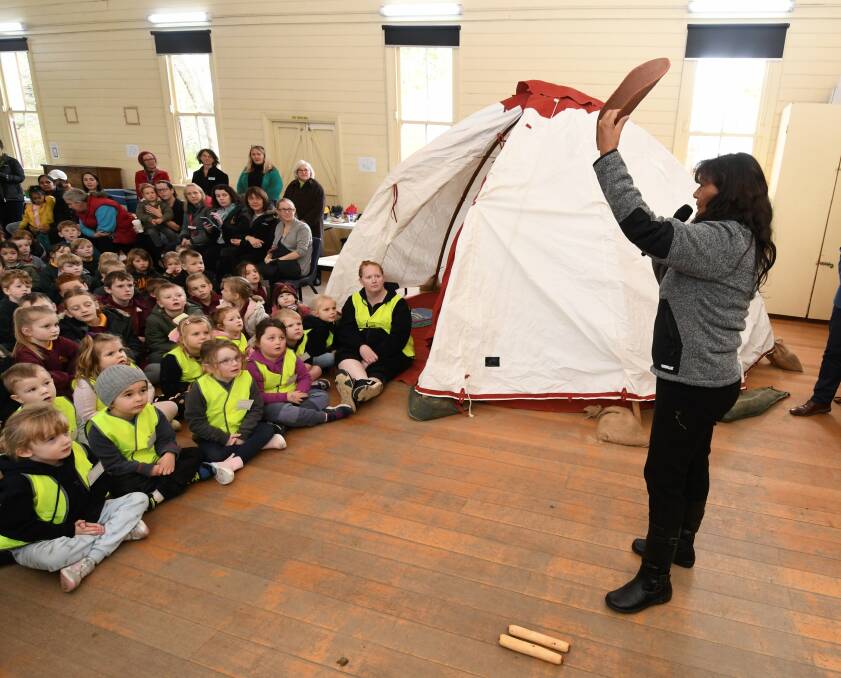 STORY TIME: Aunty Marilyne Nicholls explaining her culture to the 130 children in attendance. Photo: Lachlan Bence