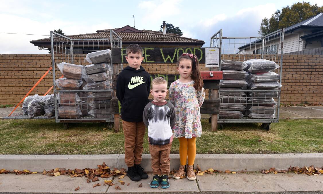Jonty, Darcy and Maeve run a business selling firewood and kindling in an honesty system at the front of their home but on Saturday night somebody stole everything. Photo: Adam Trafford
