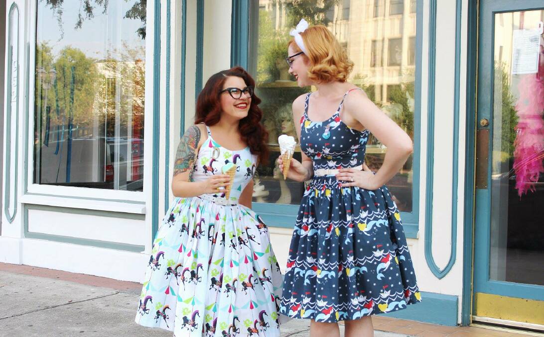 PINUPS: American fashion bloggers Junebugs and Georgia Peaches model Sarsparilly's 1950s-style dresses. Sarsparilly designer Maria Denigan grew up in Ballarat. Picture: Supplied.