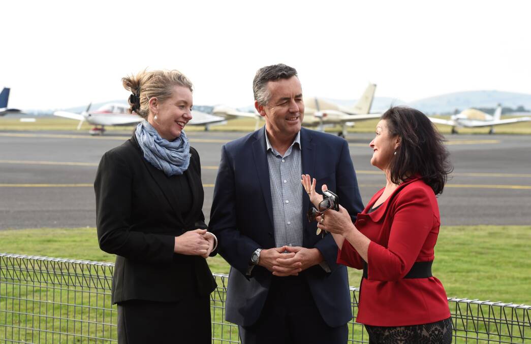 Up in the air: Nationals Senator Bridget McKenzie with Infrastructure Minister Darren Chester and City of Ballarat mayor Samantha McIntosh. Picture: Lachlan Bence. 
