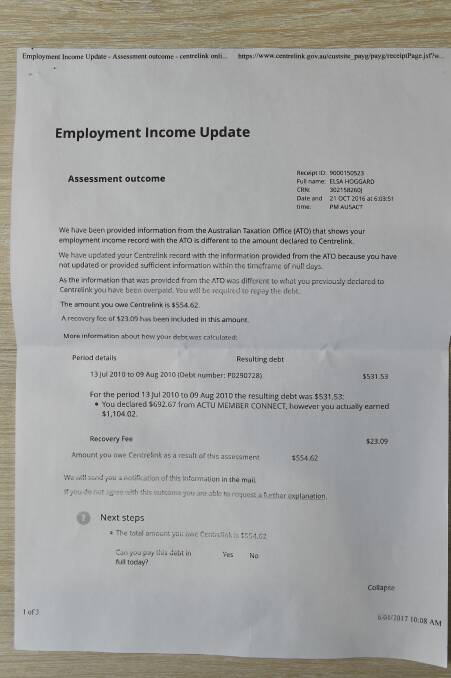 A letter to Elsa Hoggard from Centrelink which cites a $23 recovery fee.