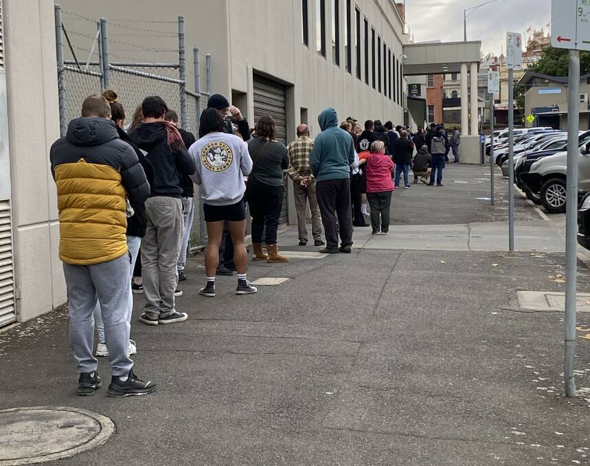 JOBLESS: The queue outside Centrelink in the early days of the COVID-19 restrictions. Picture: Hayley Elg.