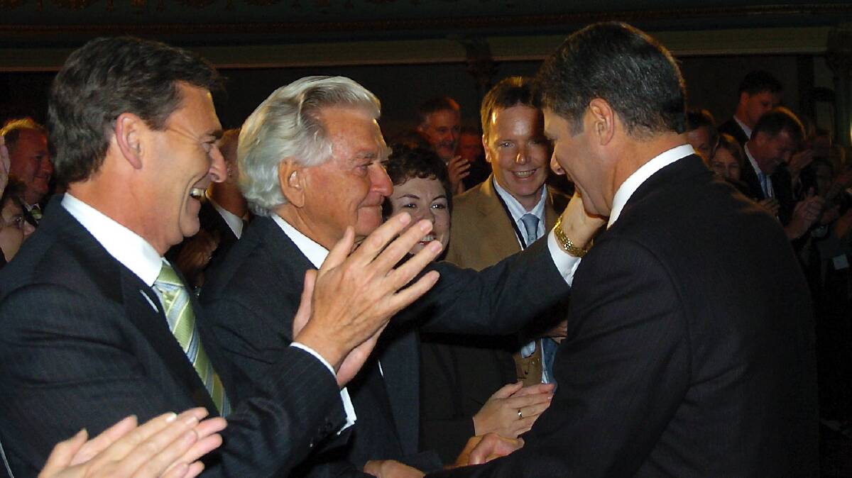 Bob Hawke embraces then Premier Steve Bracks at the launch of the Victorian Labor Party's state campaign in Ballarat at Her Majesty's Theatre in 2006.
