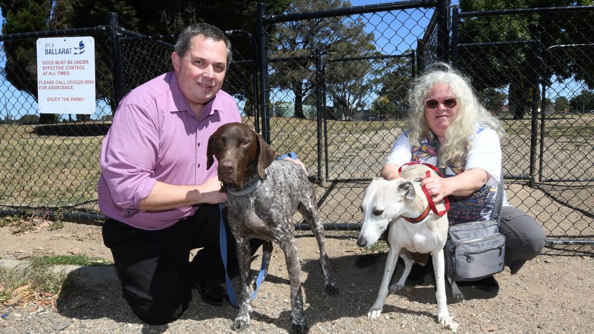 WHO LOCKED THE DOGS OUT: Wendouree Dog Park users Brendan Lalor and Fiona Ludbrook with their pets Harley and Roziel Human Nature in front of the gates. Picture: Lachlan Bence