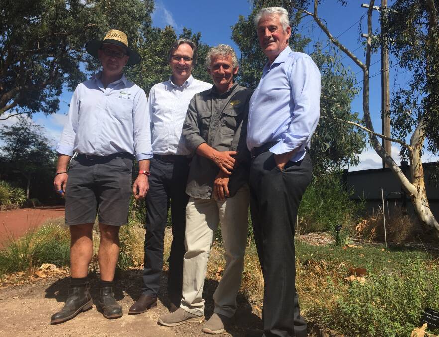 BRANCHING OUT: From left, Peter Marquand, curator Ballarat Botanical Gardens; Chris Russell and John Arnott of the Botanic Gardens Australia and New Zealand committee; and deputy Ballarat mayor Jim Rinaldi in the indigenous plant area of the gardens