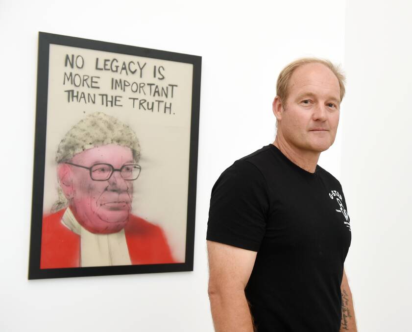 THE STRUGGLE: Robert House in front of one of the artworks he commissioned, which will shortly be shown at the Art Gallery of Ballarat. Picture: Kate Healy. 