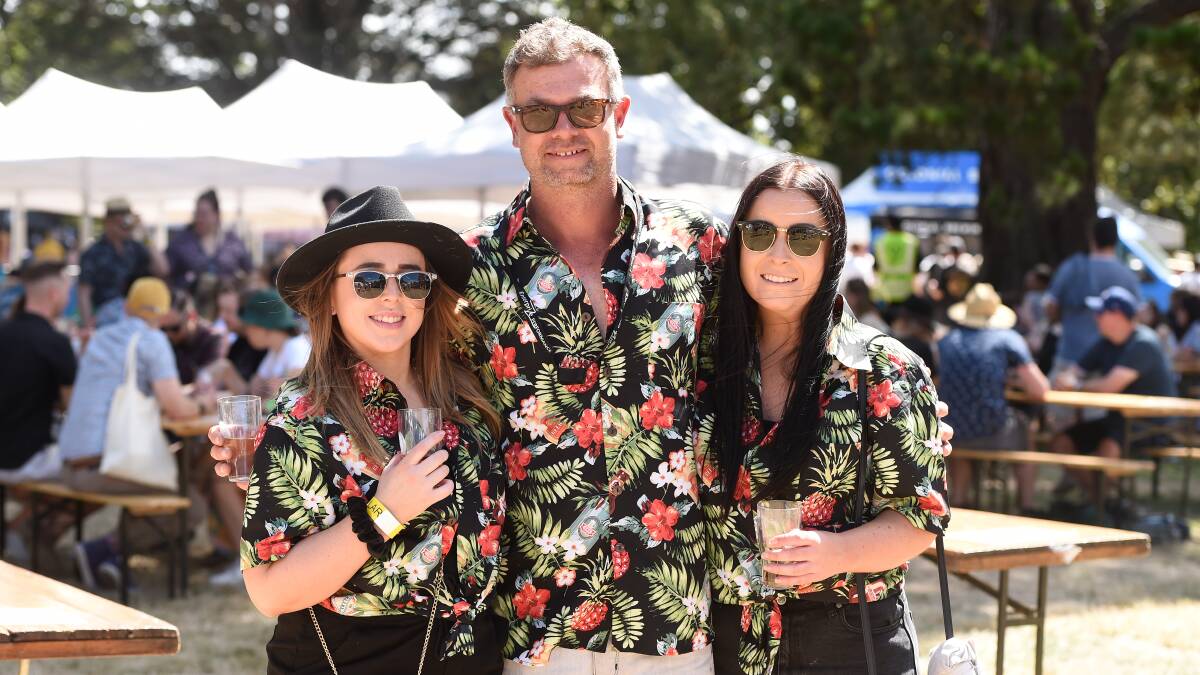 SOCIAL GATHERING: Narelle Baker, Travis Tatt And Alyssa Chapman enjoy the sunshine in colourful style at the Ballarat Beer Festival. 