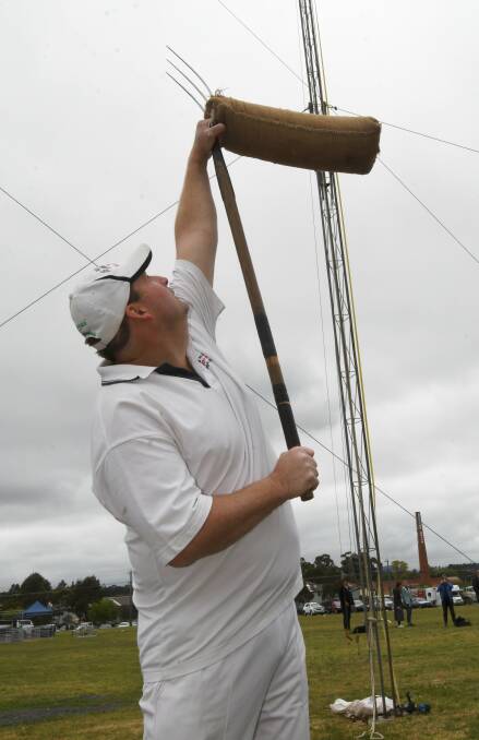 Llewelyn Clark from Stawell prepares to do the sheaf tossing. Picture: Lachlan Bence. 