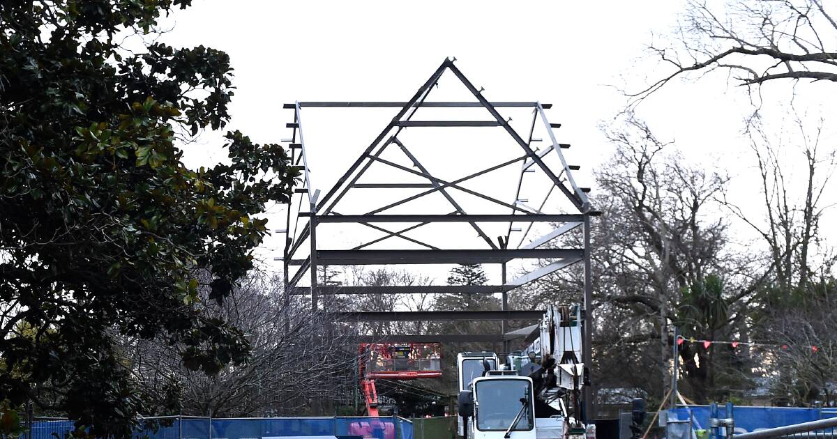 GOING UP: The steel frame of the Gothic fernery entrance now being built in the Ballarat Botanical Gardens. The project went through a fraught and costly design process. Picture: Adam Trafford.
