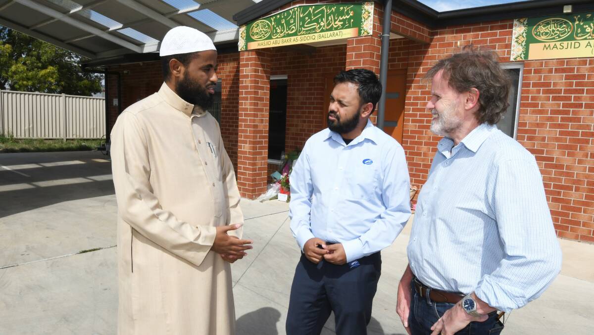 UNITED WE STAND: Imam Abdulkhalk Ismael (left),  mosque treasurer Yousuf Khan, and secretary Darren James will welcome all residents to a remembrance service for those who died in Christchurch. Picture: Lachlan Bence