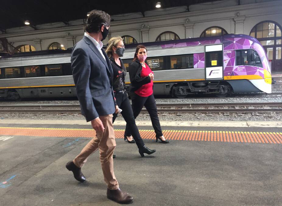 ON TRACK: The minister for transport infrastructure Jacinta Allan (centre) at Ballarat Station on Tuesday, alongside Juliana Addison (MP for Wendouree) and Mark Havryluk, director, Regional Rail Revival