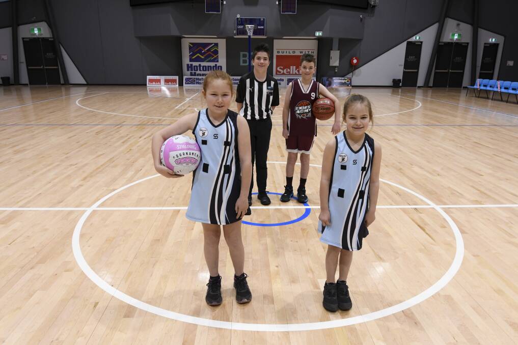 BACK ON COURT: Dakodah Pearce, Addy Pearce, Isaac Martin and Archer Martin at the Ballarat Sports and Events Centre. Picture: Lachlan Bence