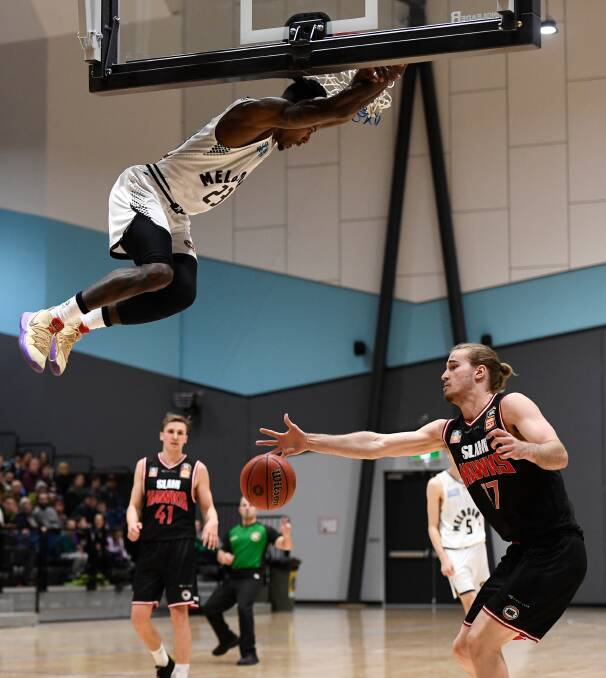 HANG TIME: Melbourne United import Casey Prather delivers a thunderous dunk at the Ballarat Sports and Events Centre in 2019. Picture: Adam Trafford
