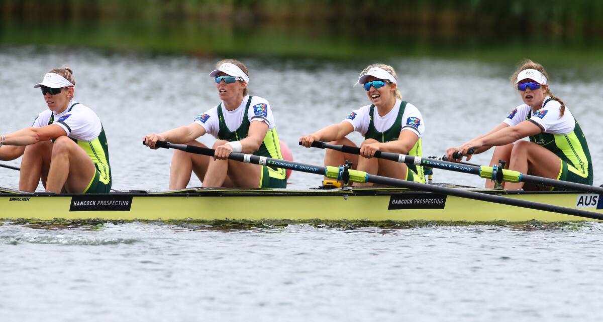 WINNERS: Lucy Stephan, Katrina Werry, Olympia Aldersey and Sarah Hawe at the 2019 World Rowing Cup. Picture: Rowing Australia 