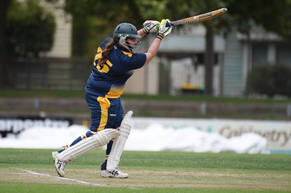 FRONT FOOT: Emily Sculley made 59 runs to lead the Bolts over Melbourne University in the Cricket Victoria north-west one-day semi-final. Picture: Kate Healy 