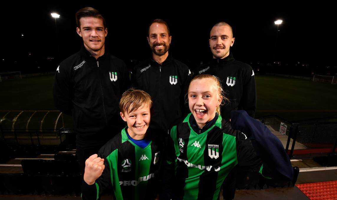 WELCOME: Western United's Connor Chapman, Andrew Durante and Apostolos Stamatelopoulos with Daniel Crockett and Lauren Armstrong at fan forum. Picture: Adam Trafford 