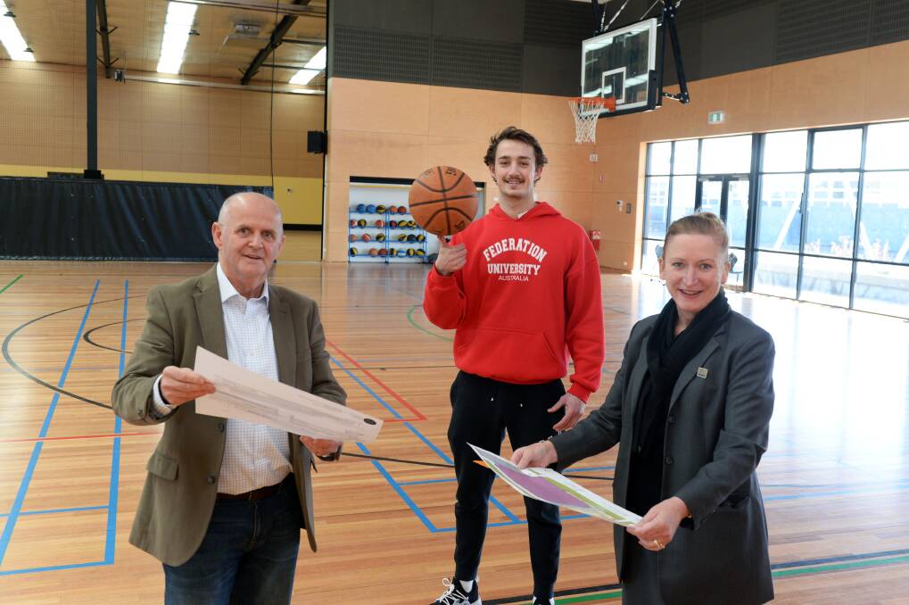 HOOP DREAMS: Basketball Ballarat CEO Peter Eddy, Phoenix College principal Karen Snibson and Ross Weightman outline plans for western expansion. Picture: Kate Healy