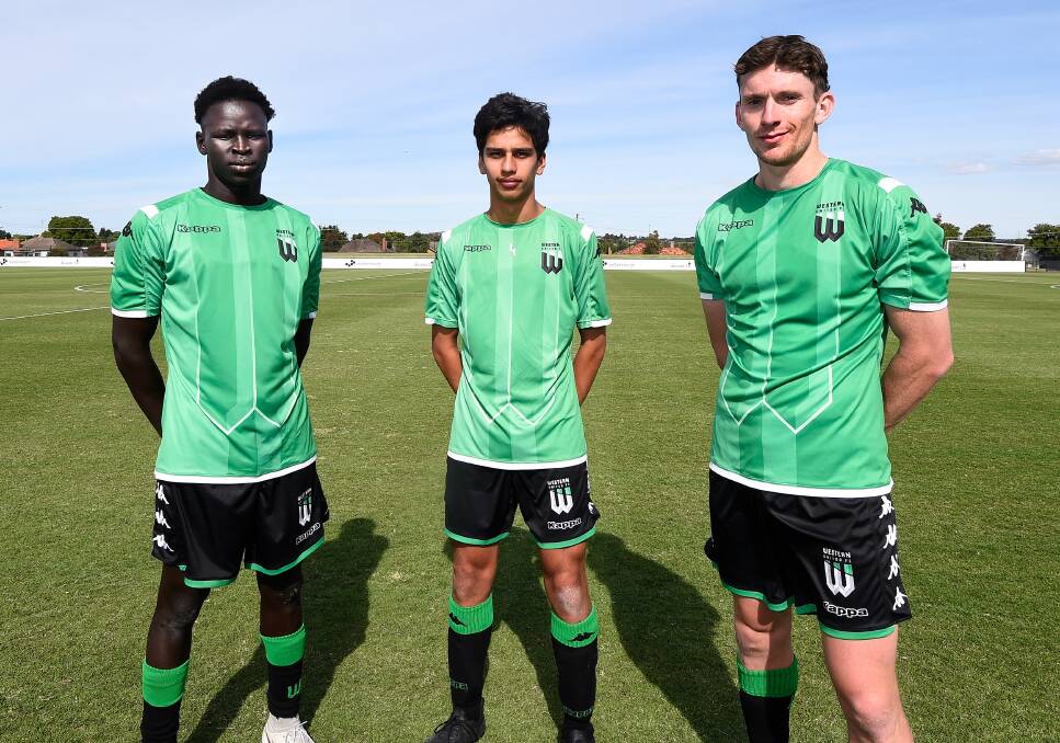 PATHWAY: Chudiar Tharjiath, Leighton Lauton and Alex Baker in uniform for Western United at Morshead Park on Saturday. Picture: Adam Trafford