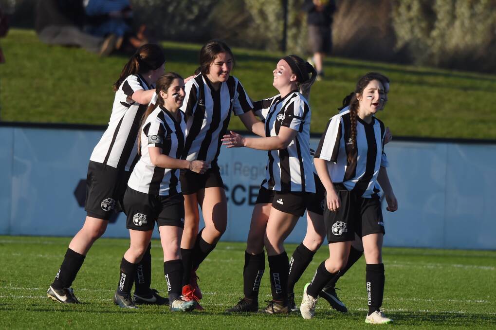 RETURNING: Ballarat North United celebrate a goal during the 2019 division one open final. Picture: Kate Healy 