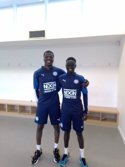 KITTED UP: Xagai Douhadji and Chudiar Tharjiath at Melbourne City training facilities. Picture: Supplied