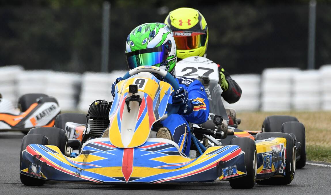 HOLD ON TIGHT: Jake Santalucia edges ahead at the Victorian Country Series go-kart championships on Saturday.