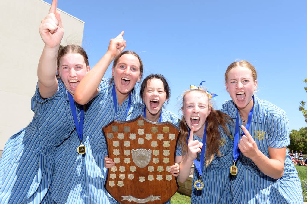 GRINNERS: Casey Dodd, Bella Prendergast, Stephanie Jones, Libby Hutt and Ash Love celebrate after winning the Head of the Lake. Picture: Kate Healy 
