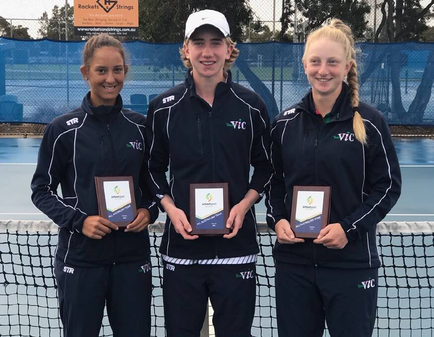 BIG HITTER: James O'Sullivan pictured with Pearl Jansz and Eloise Swarbrick after being selected into the School Sport Australia Tennis All-Australian Team. Picture: Contributed.