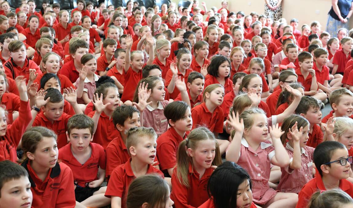 COUNT US IN: Ballarat North Primary School students join in to sing as part of the national synchronised chorus. Photo: Lachlan Bence 