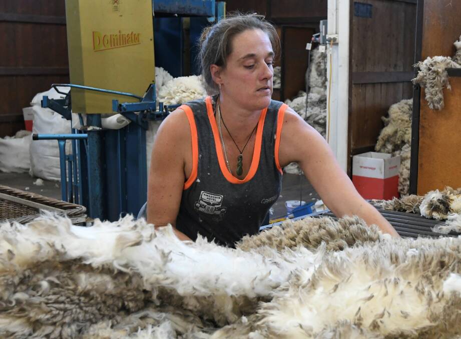 FLEECES: Phillipa Harris "Boots" throws the fleeces onto the wool table to be skirted and classed. Picture: LACHLAN BENCE