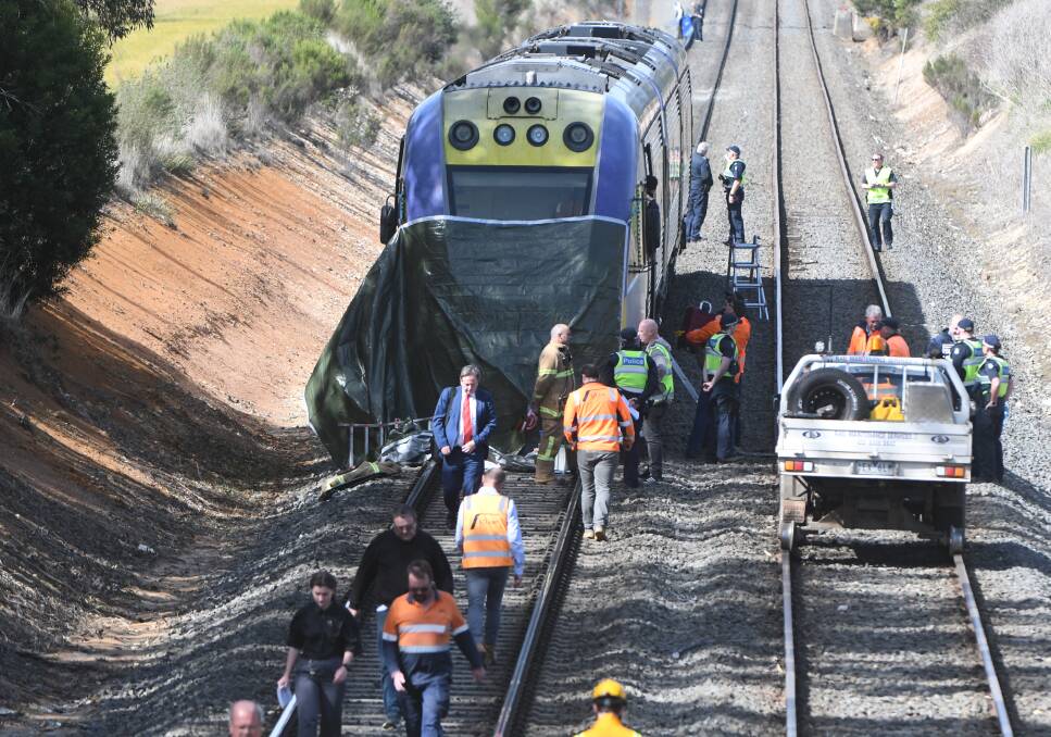 The front of the train was covered with a tarpaulin following the fatality at Ballarat East on Wednesday. Picture: Kate Healy