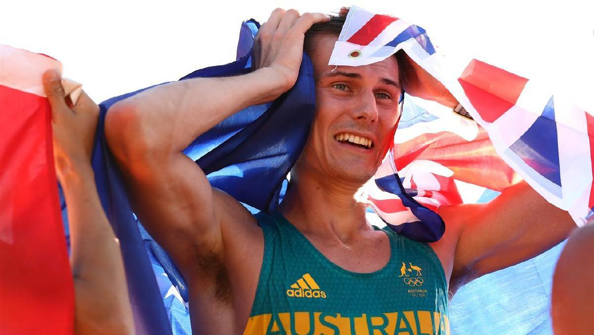 DAY 7: Bronze medalist Dane Bird-Smith of Australia celebrates after the Men's 20km Race Walk on Day 7 of the Rio 2016 Olympic Games at Pontal on August 12, 2016 in Rio de Janeiro, Brazil. Photo: Ryan Pierse/Getty Images