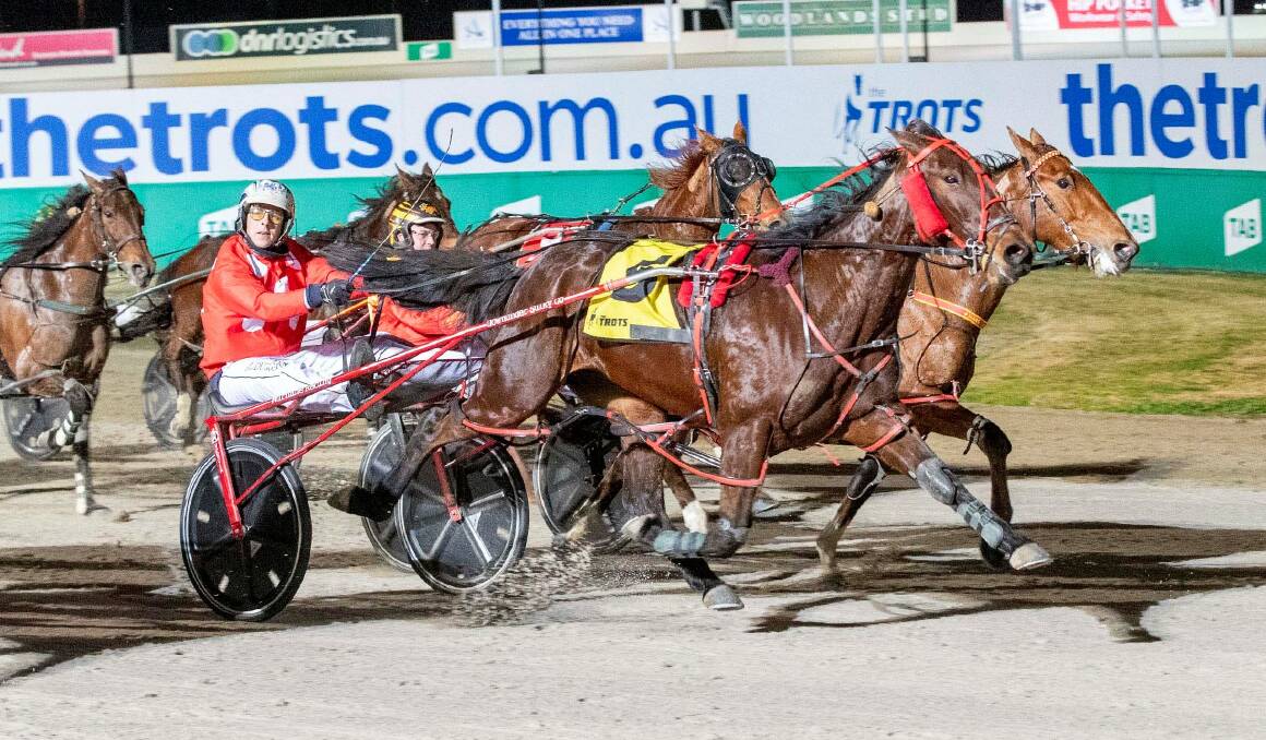 BIG TIME: Shesmybaby gets up on the outside.to win the group 3 $40,000 Vicbred Platinum Mares Sprint Championship Final at Melton. Picture: Stuart McCormick