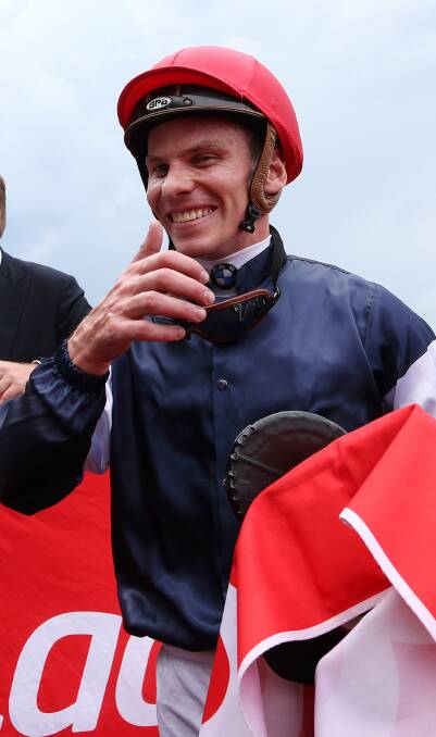 SPRING FINALE: Ben Melham gives the thumbs up after saluting on The Taj Mahal in the $300,000 Zipping Classic at Sandown on Saturday. Picture: AAP Images 