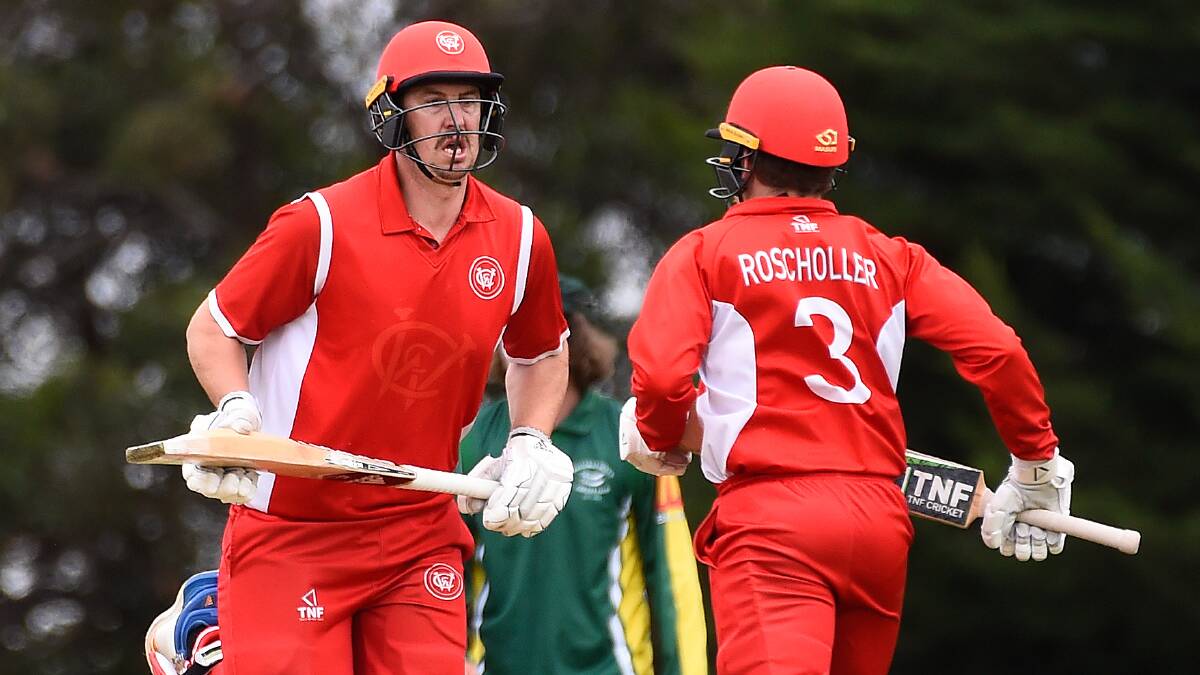 Sam Miller and Cole Roscholler on their way to an opening stand of 133 runs for Wenburee against Ballarat-Redan at Alfredton. Picture: Adam Trafford