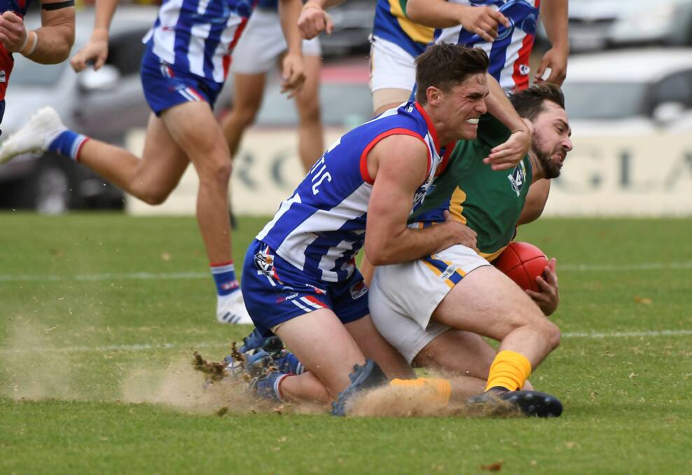 GOTCHA: Aden Nestor (East Point) drags Lake Wendouree's Nathan Pring to the ground at the Eastern Oval. Picture: Lachlan Bence